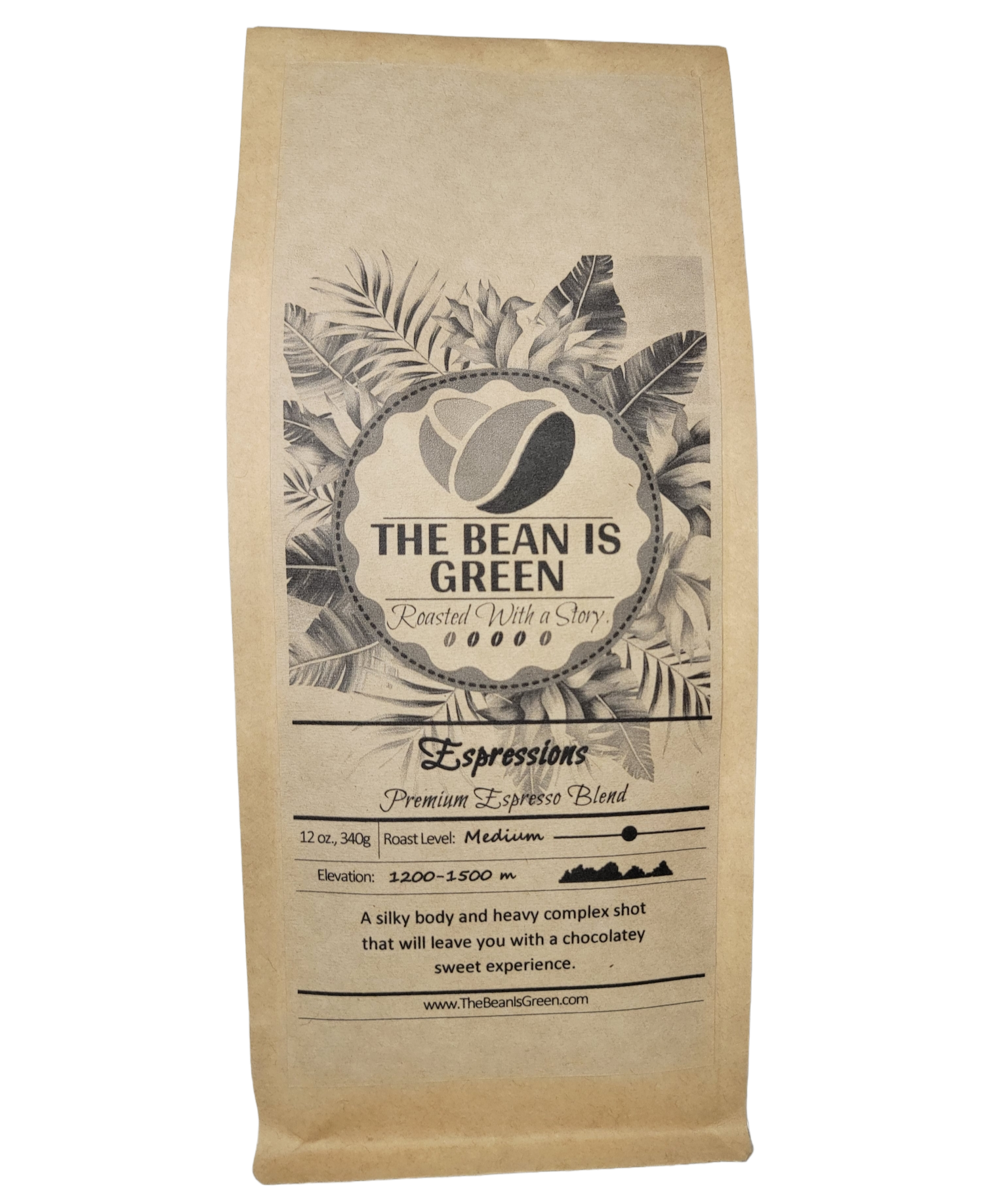 Brown kraft bag with The Bean Is Green grey-wash tropical logo. Espressions, Premium Espresso Blend - Medium Roast Whole Bean Coffee. Elevation 1200-1500m with graph shown. A silk body and heavy complex shot that will leave you with a chocolatey sweet experience. - website = www.thebeanisgreen.com