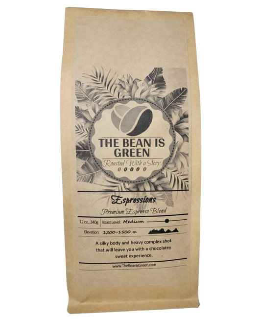 Brown kraft bag with The Bean Is Green grey-wash tropical logo. Espressions, Premium Espresso Blend - Medium Roast Whole Bean Coffee. Elevation 1200-1500m with graph shown. A silk body and heavy complex shot that will leave you with a chocolatey sweet experience. - website = www.thebeanisgreen.com