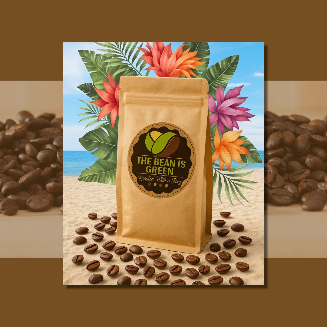 “The Bean Is Green logo with tropical leaves background over whole coffee beans and brown transparent overlay, showcasing coffee beans by roast type — light roast"