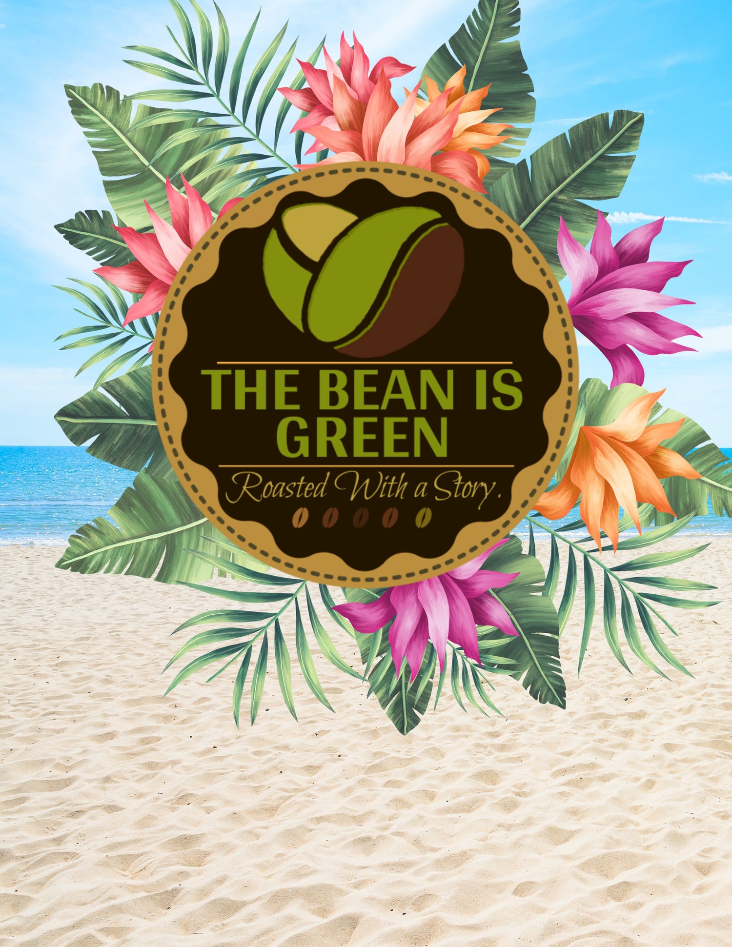 “The Bean Is Green logo over tropical leaves background — vibrant coffee brand cover photo for online shop all products section”